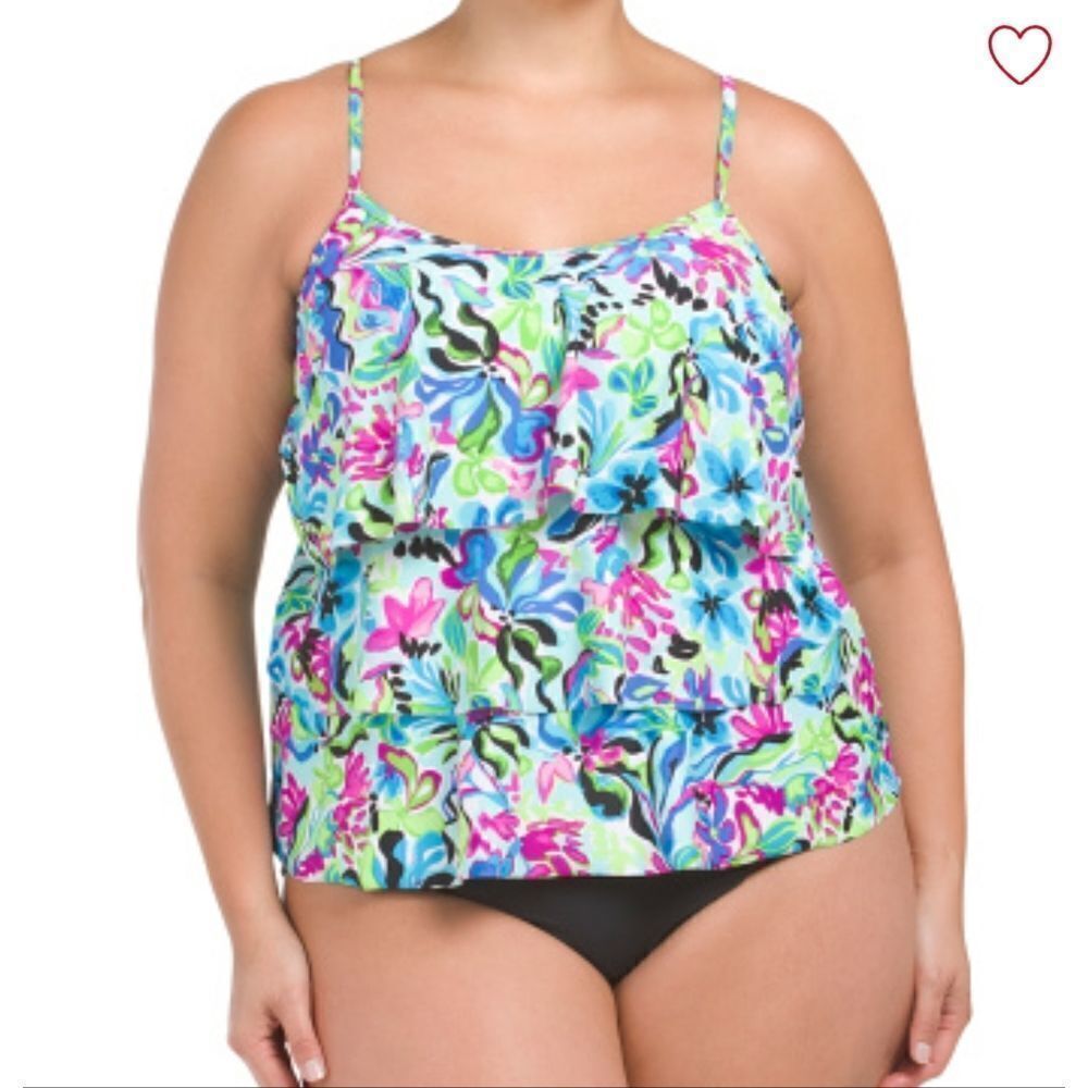 Caribbean Joe Womens Graphic Triple Tier Tankini Top black bottoms size …